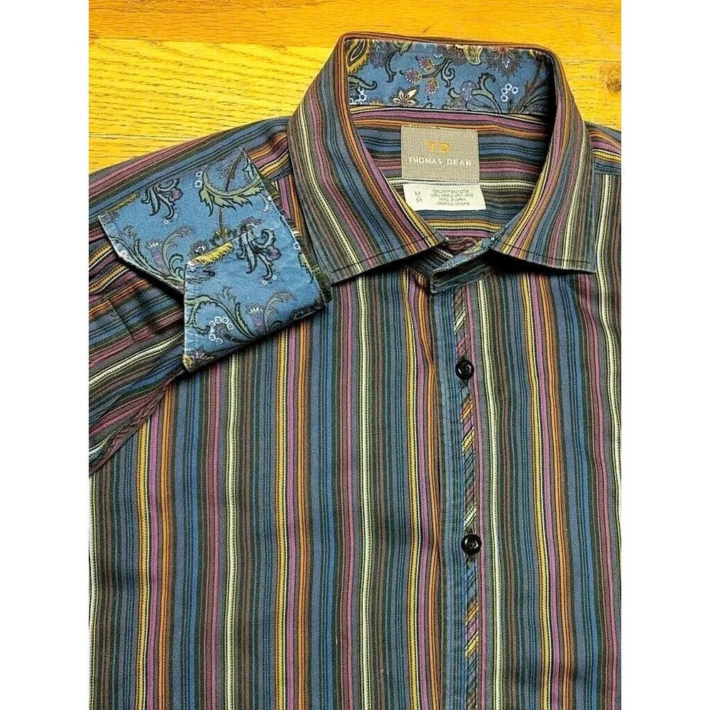 Thomas Dean Mens Size Medium Long Sleeve Flip cuff Button Up Dress‎ Shirt